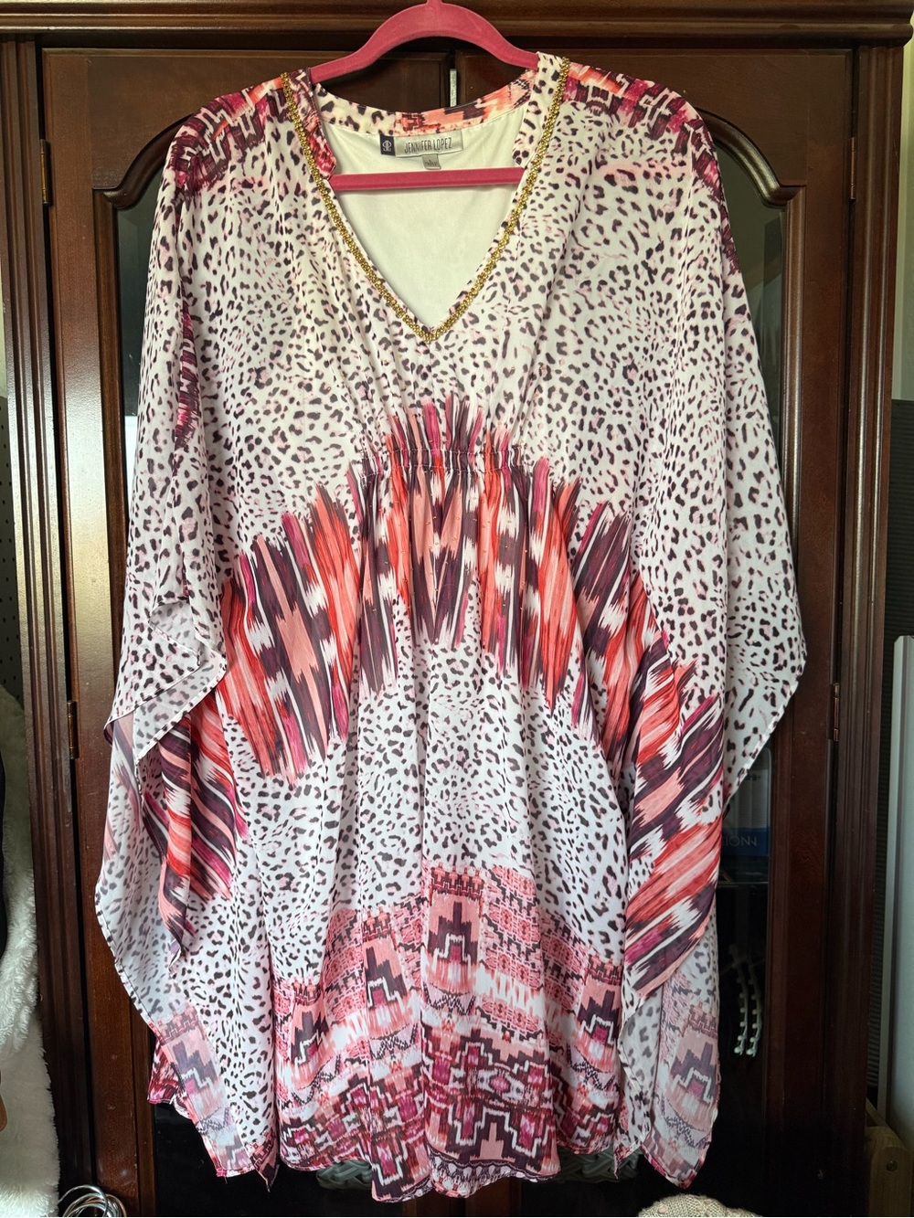 Jennifer Lopez Pink Multi Print V-Neck Tunic with Gold Trim